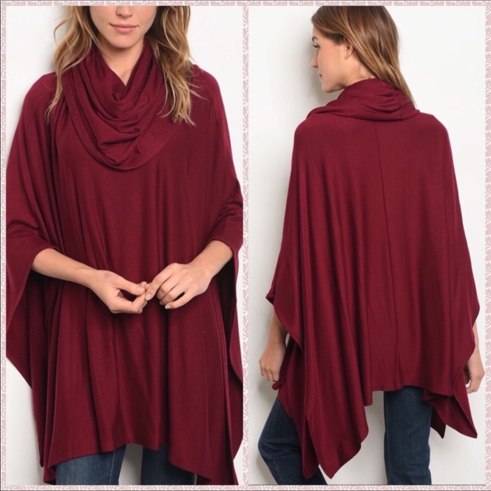 Burgundy Soft and Cozy Cowl Neck Poncho - Picture 1 of 6